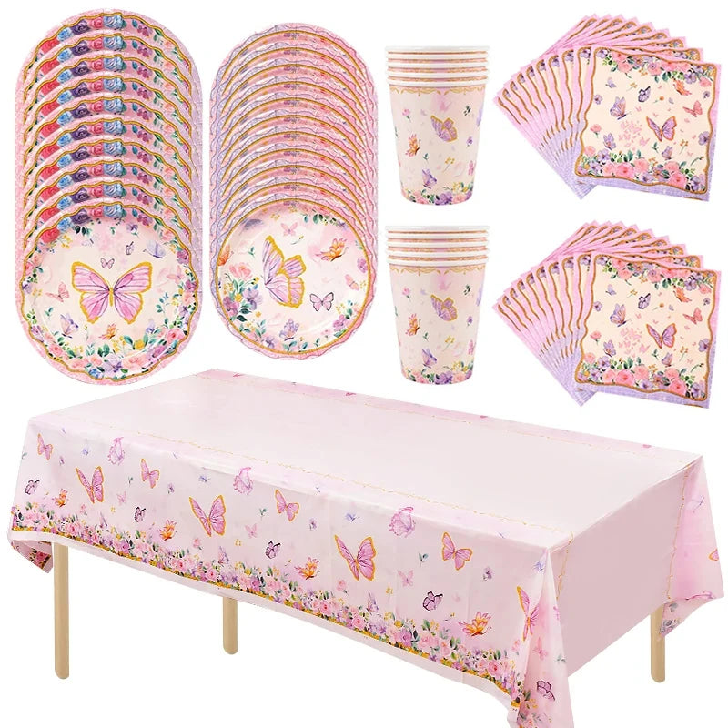 Pink Butterfly Disposable Tableware Set - Plates Cups Napkins for Birthday Party Baby Shower Wedding - ZOOMNSTORE