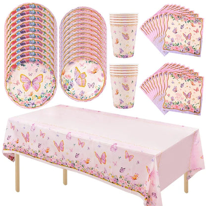 Pink Butterfly Disposable Tableware Set - Plates Cups Napkins for Birthday Party Baby Shower Wedding - ZOOMNSTORE