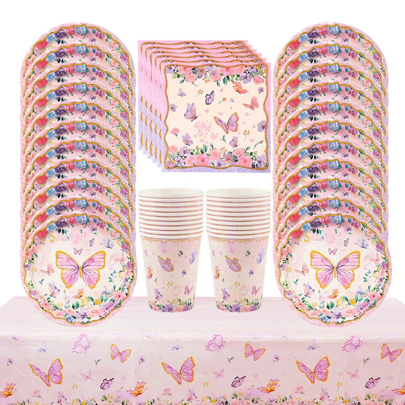 Pink Butterfly Disposable Tableware Set - Plates Cups Napkins for Birthday Party Baby Shower Wedding - ZOOMNSTORE