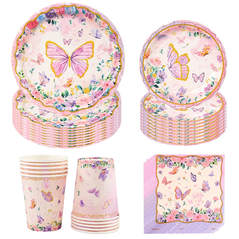 Pink Butterfly Disposable Tableware Set - Plates Cups Napkins for Birthday Party Baby Shower Wedding - ZOOMNSTORE