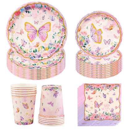 Pink Butterfly Disposable Tableware Set - Plates Cups Napkins for Birthday Party Baby Shower Wedding - ZOOMNSTORE