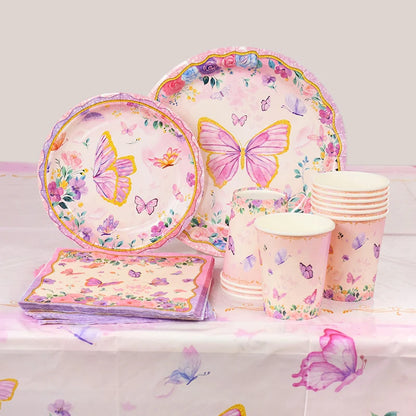 Pink Butterfly Disposable Tableware Set - Plates Cups Napkins for Birthday Party Baby Shower Wedding - ZOOMNSTORE
