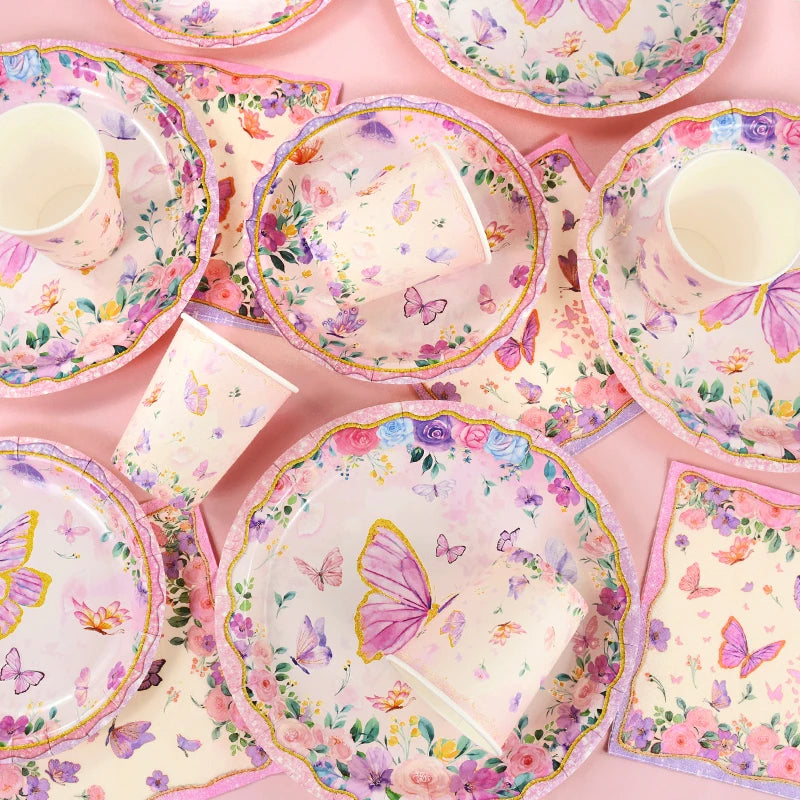 Pink Butterfly Disposable Tableware Set - Plates Cups Napkins for Birthday Party Baby Shower Wedding - ZOOMNSTORE