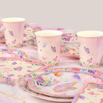 Pink Butterfly Disposable Tableware Set - Plates Cups Napkins for Birthday Party Baby Shower Wedding - ZOOMNSTORE