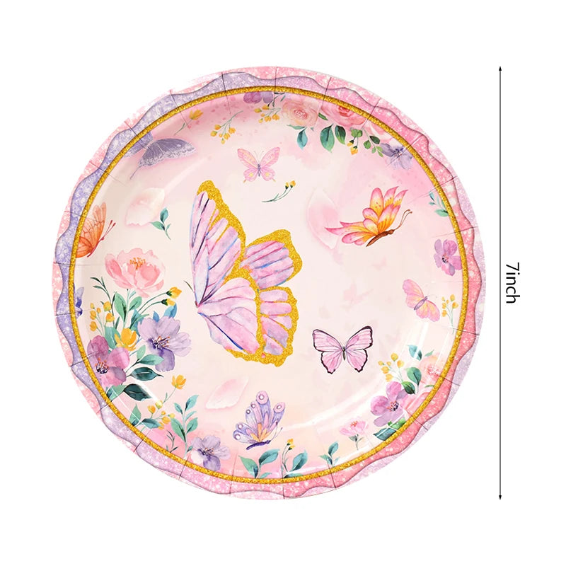 Pink Butterfly Disposable Tableware Set - Plates Cups Napkins for Birthday Party Baby Shower Wedding - ZOOMNSTORE