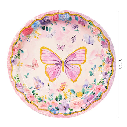 Pink Butterfly Disposable Tableware Set - Plates Cups Napkins for Birthday Party Baby Shower Wedding - ZOOMNSTORE