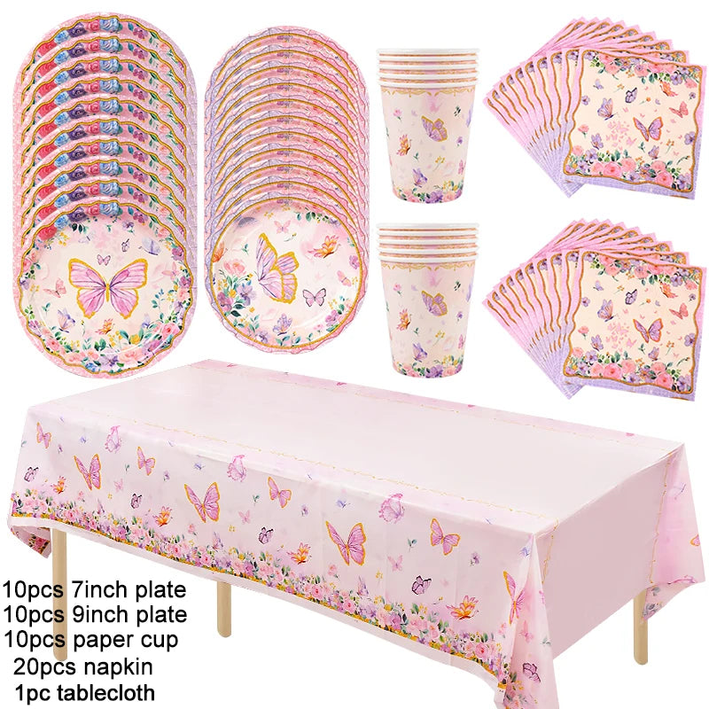 Pink Butterfly Disposable Tableware Set - Plates Cups Napkins for Birthday Party Baby Shower Wedding - ZOOMNSTORE