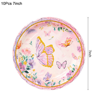 Pink Butterfly Disposable Tableware Set - Plates Cups Napkins for Birthday Party Baby Shower Wedding - ZOOMNSTORE
