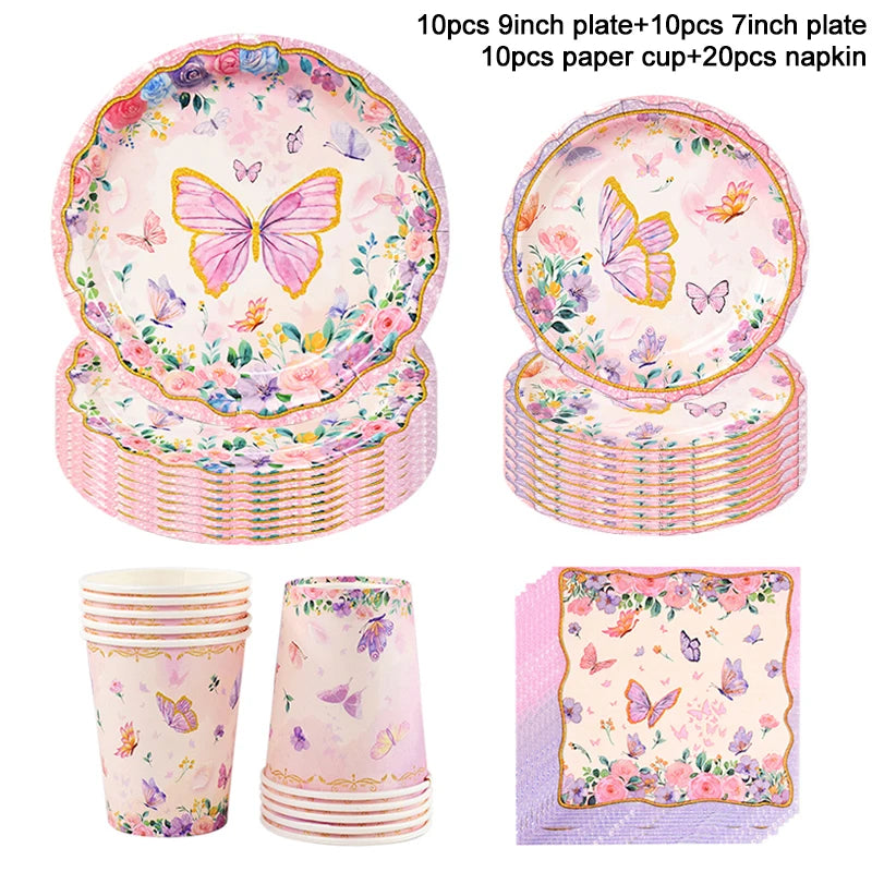 Pink Butterfly Disposable Tableware Set - Plates Cups Napkins for Birthday Party Baby Shower Wedding - ZOOMNSTORE
