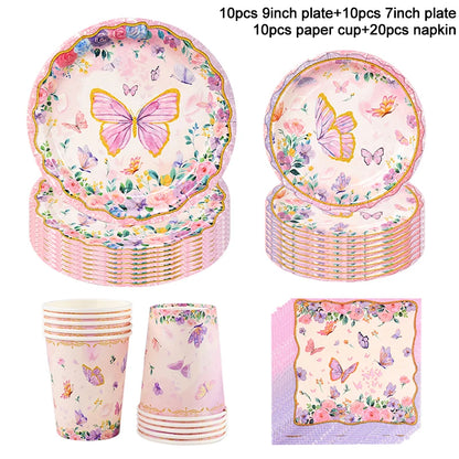 Pink Butterfly Disposable Tableware Set - Plates Cups Napkins for Birthday Party Baby Shower Wedding - ZOOMNSTORE