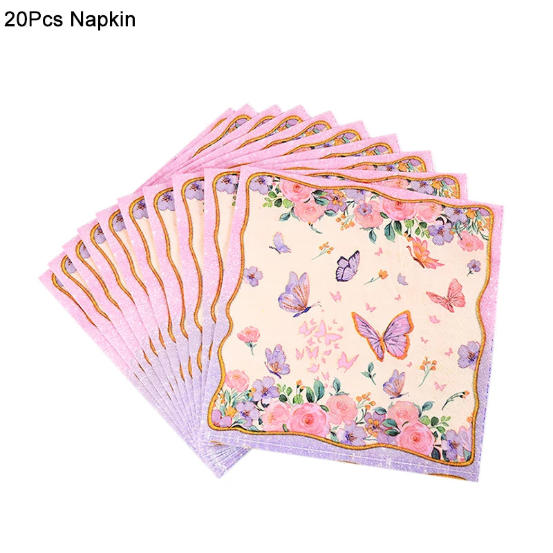 Pink Butterfly Disposable Tableware Set - Plates Cups Napkins for Birthday Party Baby Shower Wedding - ZOOMNSTORE