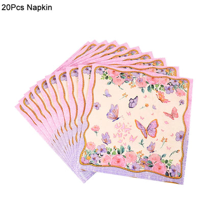 Pink Butterfly Disposable Tableware Set - Plates Cups Napkins for Birthday Party Baby Shower Wedding - ZOOMNSTORE