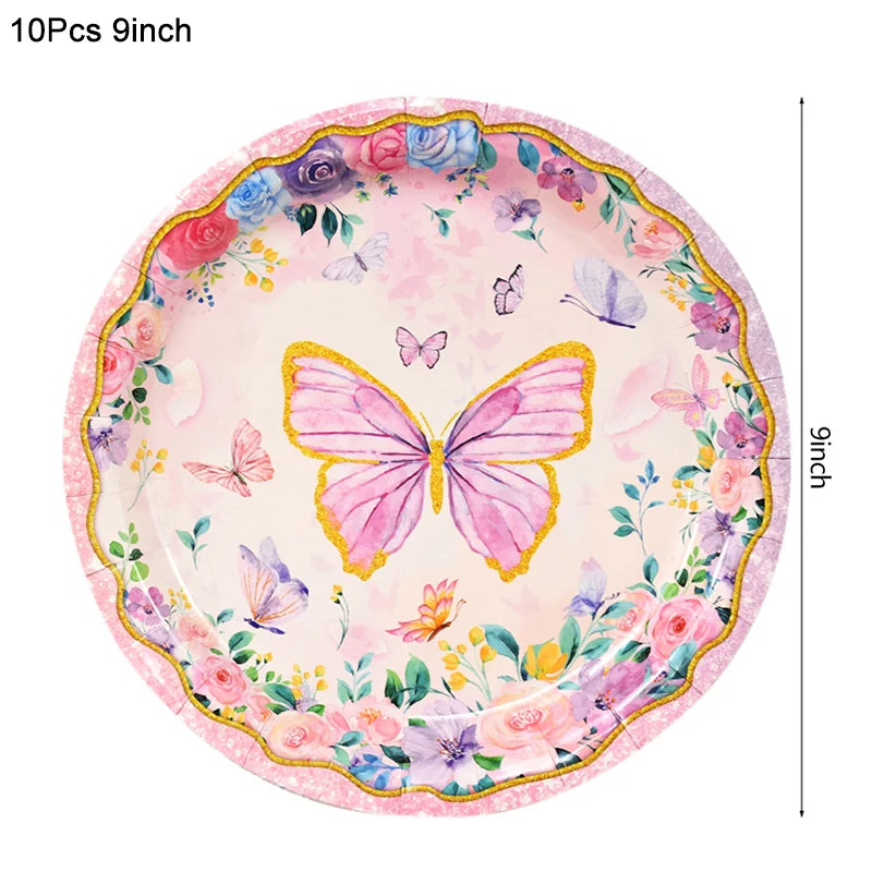 Pink Butterfly Disposable Tableware Set - Plates Cups Napkins for Birthday Party Baby Shower Wedding - ZOOMNSTORE