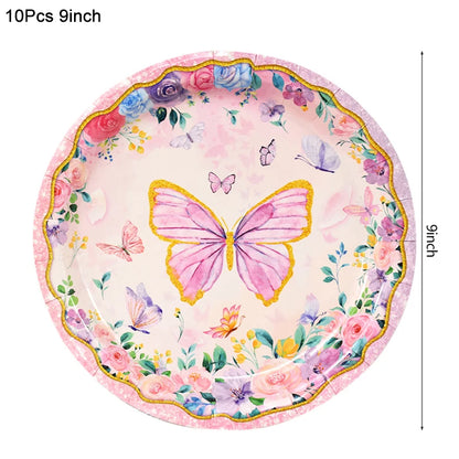 Pink Butterfly Disposable Tableware Set - Plates Cups Napkins for Birthday Party Baby Shower Wedding - ZOOMNSTORE