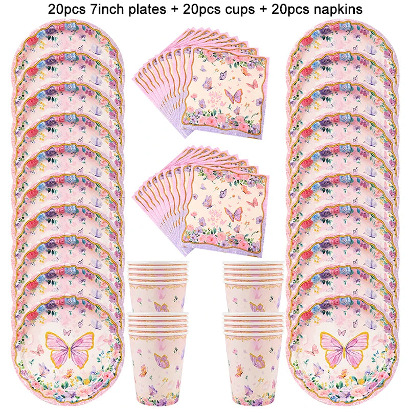 Pink Butterfly Disposable Tableware Set - Plates Cups Napkins for Birthday Party Baby Shower Wedding - ZOOMNSTORE