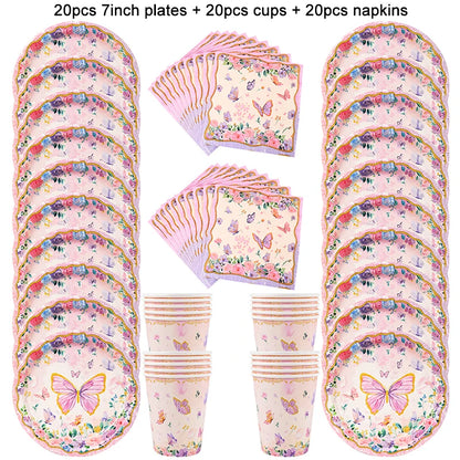 Pink Butterfly Disposable Tableware Set - Plates Cups Napkins for Birthday Party Baby Shower Wedding - ZOOMNSTORE