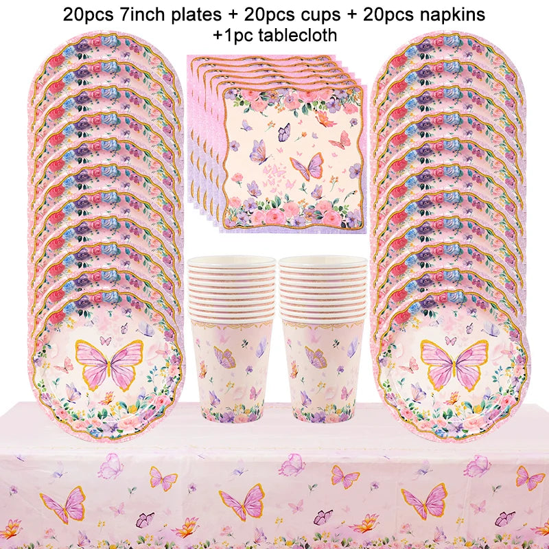 Pink Butterfly Disposable Tableware Set - Plates Cups Napkins for Birthday Party Baby Shower Wedding - ZOOMNSTORE