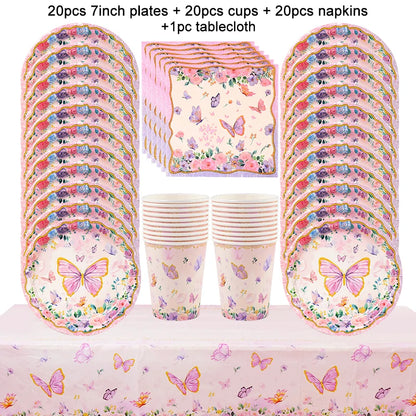 Pink Butterfly Disposable Tableware Set - Plates Cups Napkins for Birthday Party Baby Shower Wedding - ZOOMNSTORE