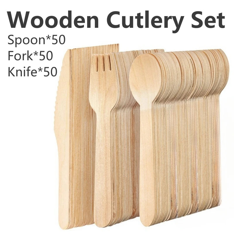 150Pcs Disposable Wooden Cutlery Set - Wedding  Party Tableware - ZOOMNSTORE