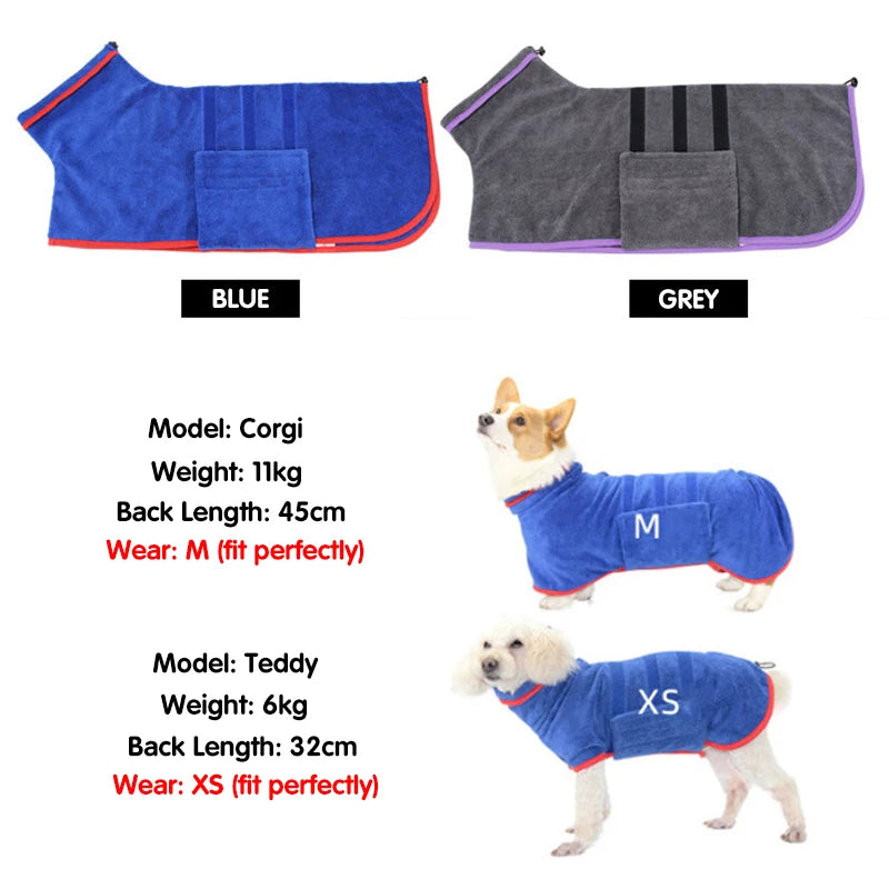 Dog Bathrobe Microfiber - Super Absorbent Pet Drying Coat, Adjustable Warm Jacket - ZOOMNSTORE