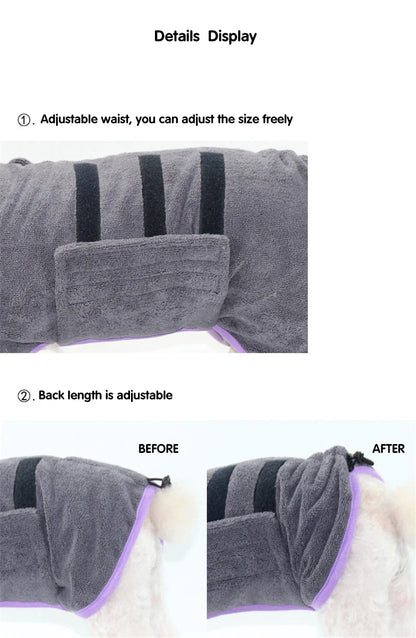 Dog Bathrobe Microfiber - Super Absorbent Pet Drying Coat, Adjustable Warm Jacket - ZOOMNSTORE