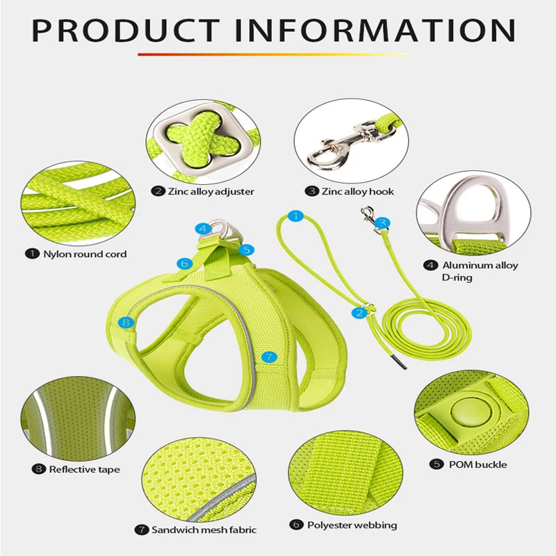 Adjustable Dog Harness and Leash Set - Reflective Vest for Small Medium Dogs and Cats - ZOOMNSTORE