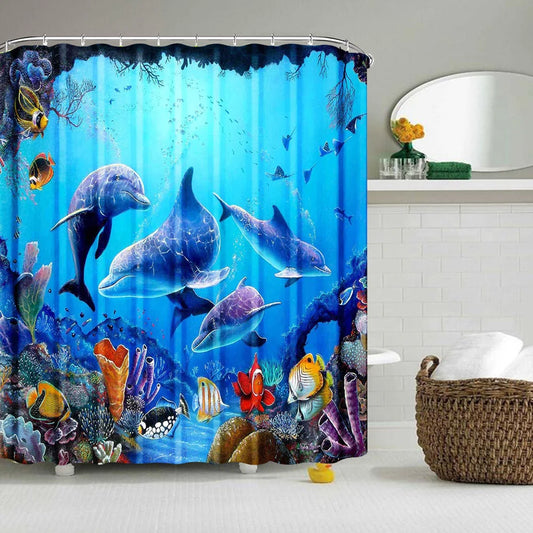 Dolphin Shower Curtain - Blue Underwater Ocean Theme Kids Bathroom Decor with Hooks - ZOOMNSTORE