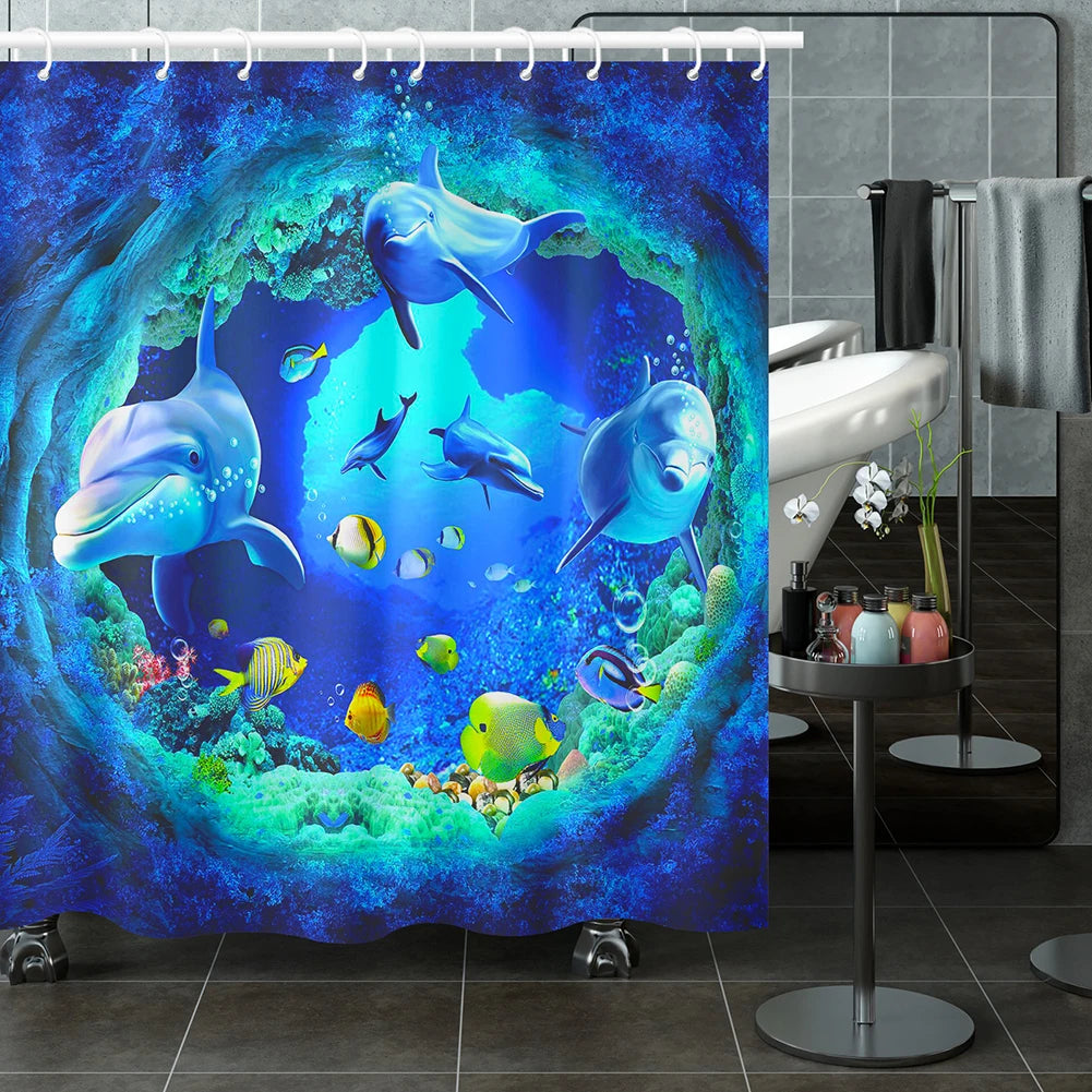 Dolphin Shower Curtain - Blue Underwater Ocean Theme Kids Bathroom Decor with Hooks - ZOOMNSTORE