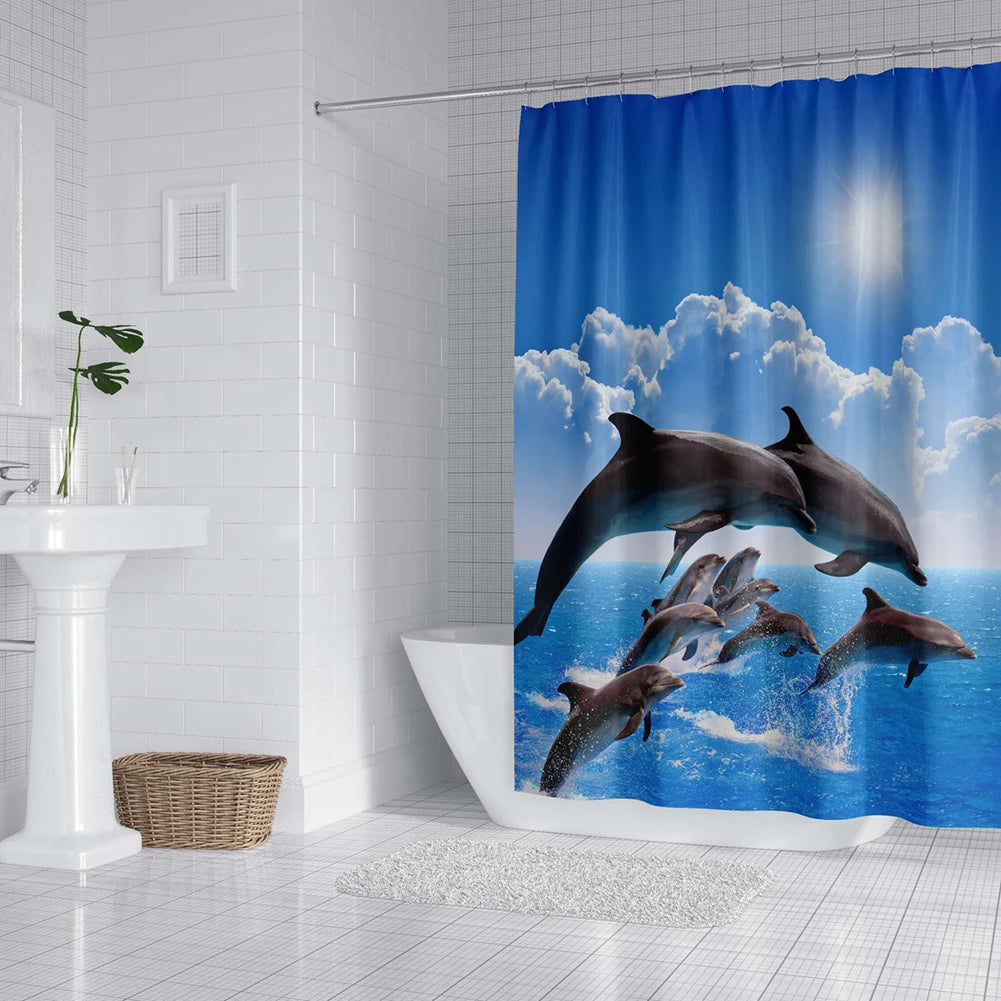 Dolphin Shower Curtain - Blue Underwater Ocean Theme Kids Bathroom Decor with Hooks - ZOOMNSTORE