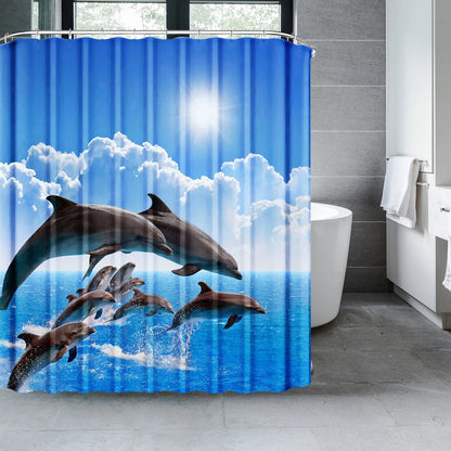 Dolphin Shower Curtain - Blue Underwater Ocean Theme Kids Bathroom Decor with Hooks - ZOOMNSTORE