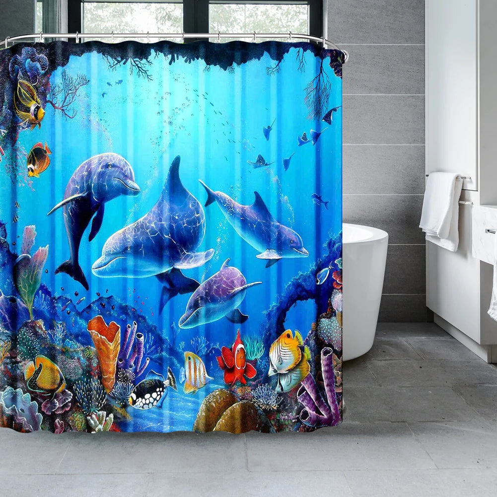 Dolphin Shower Curtain - Blue Underwater Ocean Theme Kids Bathroom Decor with Hooks - ZOOMNSTORE
