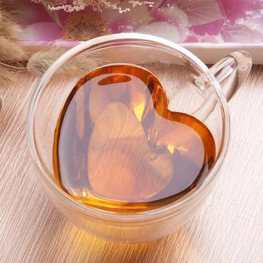 Double Layer Glass Cup - Heart Shaped Insulated Tea Cup with Handle for Coffee & Latte - ZOOMNSTORE