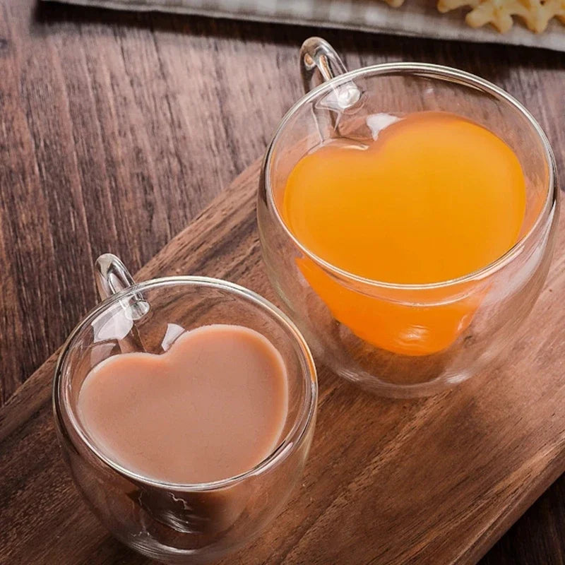 Double Layer Glass Cup - Heart Shaped Insulated Tea Cup with Handle for Coffee & Latte - ZOOMNSTORE