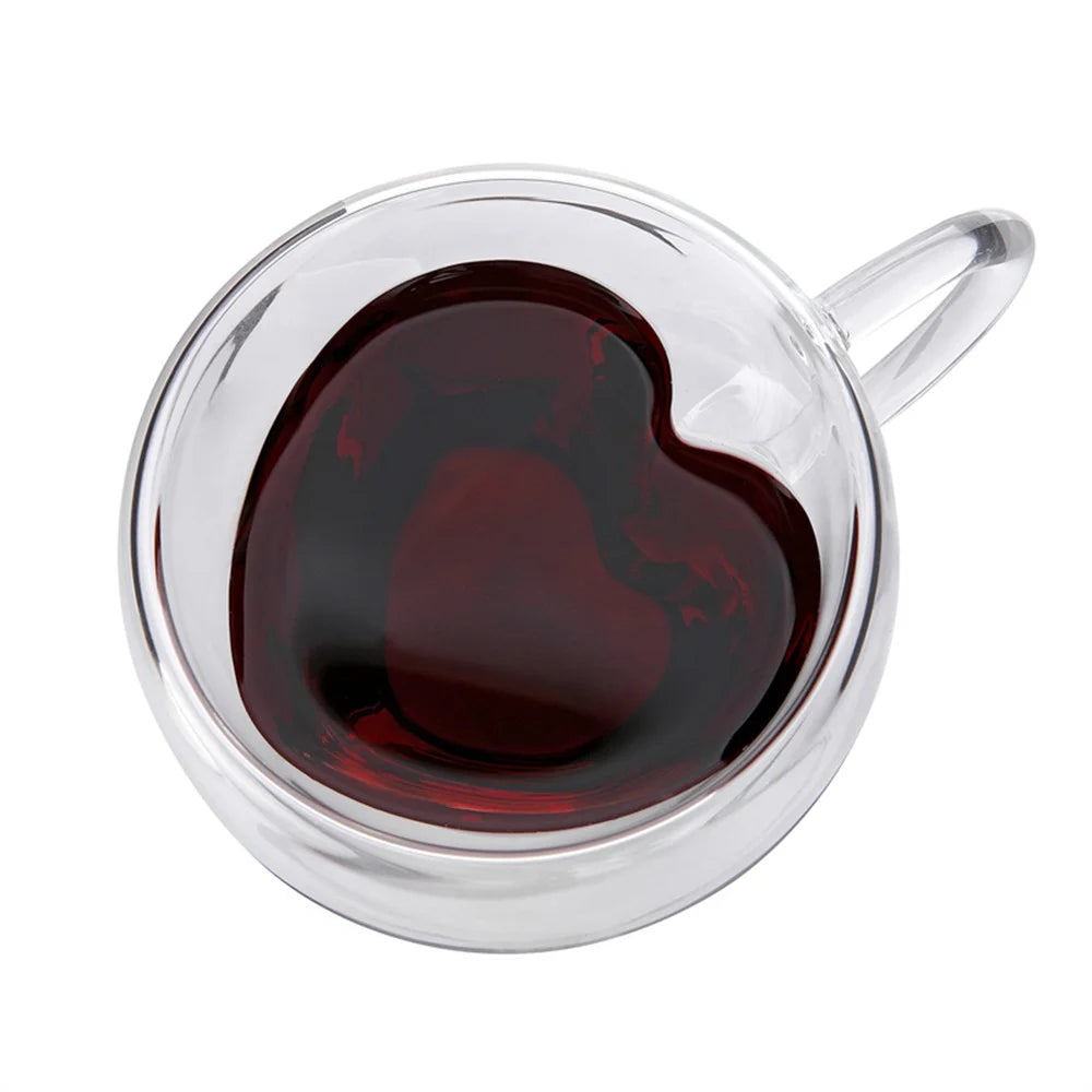 Double Layer Glass Cup - Heart Shaped Insulated Tea Cup with Handle for Coffee & Latte - ZOOMNSTORE