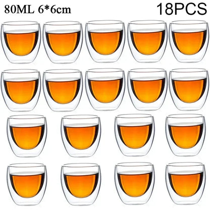 Double Wall Glass Cup - 2-18PCS Borosilicate Tea Set | Transparent Round Drinkware - ZOOMNSTORE