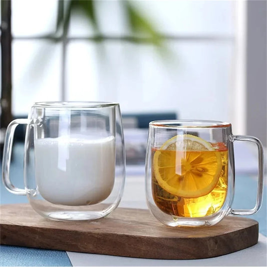 Double Wall Glass Cup - Borosilicate Heat Resistant Coffee Mug with Handle 150-350ml - ZOOMNSTORE