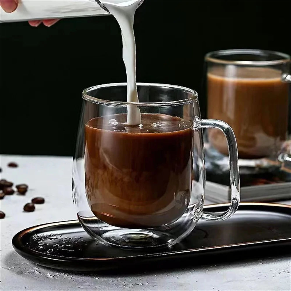 Double Wall Glass Cup - Borosilicate Heat Resistant Coffee Mug with Handle 150-350ml - ZOOMNSTORE