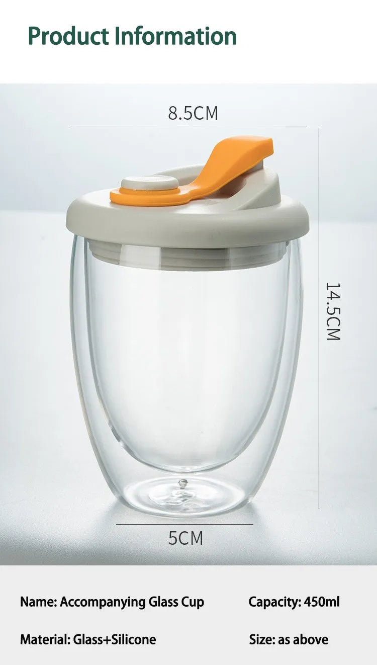 Double Wall Glass Cup – Insulated Coffee Mug with Leak-Proof Lid, Portable Borosilicate Glass - ZOOMNSTORE