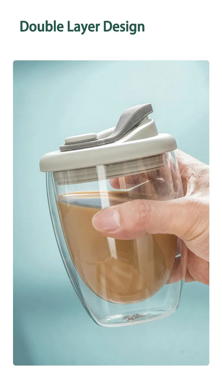 Double Wall Glass Cup – Insulated Coffee Mug with Leak-Proof Lid, Portable Borosilicate Glass - ZOOMNSTORE