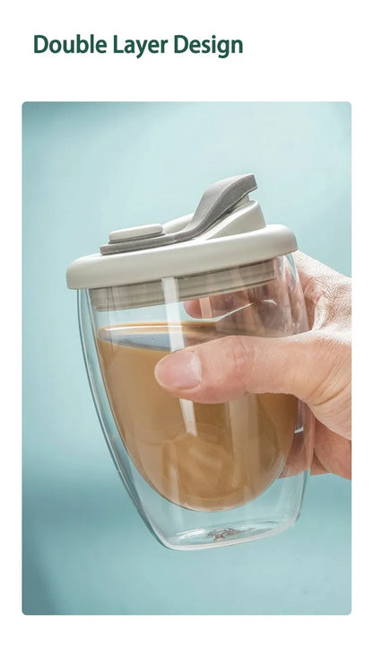 Double Wall Glass Cup – Insulated Coffee Mug with Leak-Proof Lid, Portable Borosilicate Glass - ZOOMNSTORE