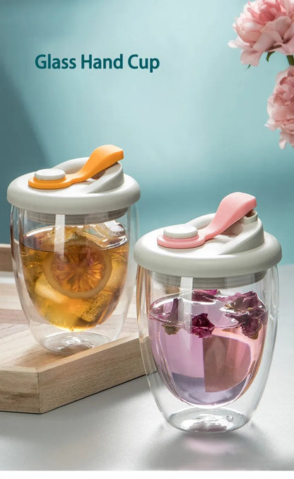 Double Wall Glass Cup – Insulated Coffee Mug with Leak-Proof Lid, Portable Borosilicate Glass - ZOOMNSTORE