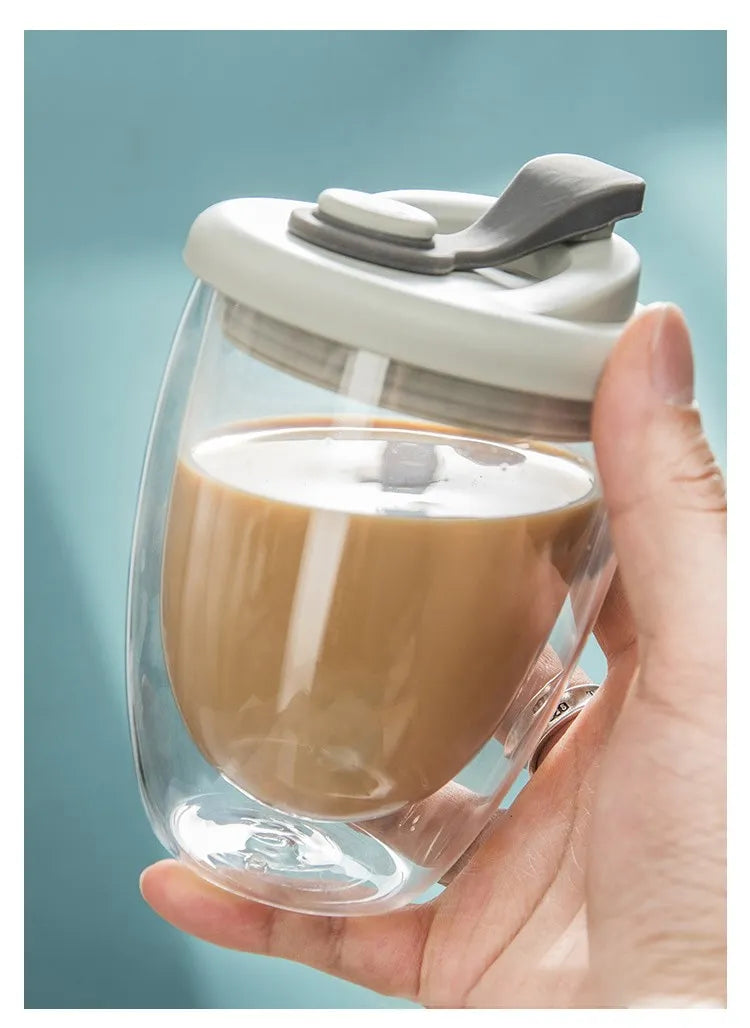 Double Wall Glass Cup – Insulated Coffee Mug with Leak-Proof Lid, Portable Borosilicate Glass - ZOOMNSTORE