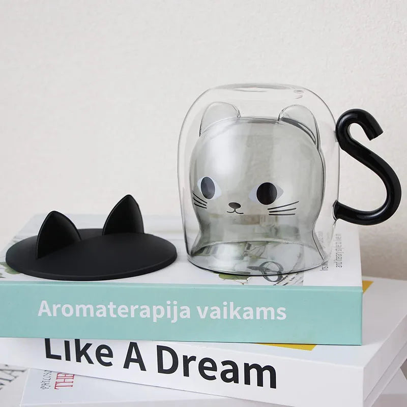 Double Walled Cat Mug – Cute Glass Coffee Cup with Lid | Insulated Tea Cup - ZOOMNSTORE