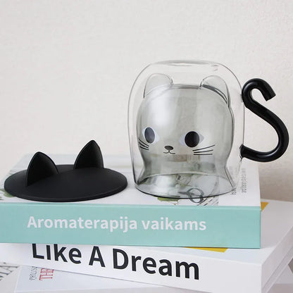 Double Walled Cat Mug – Cute Glass Coffee Cup with Lid | Insulated Tea Cup - ZOOMNSTORE