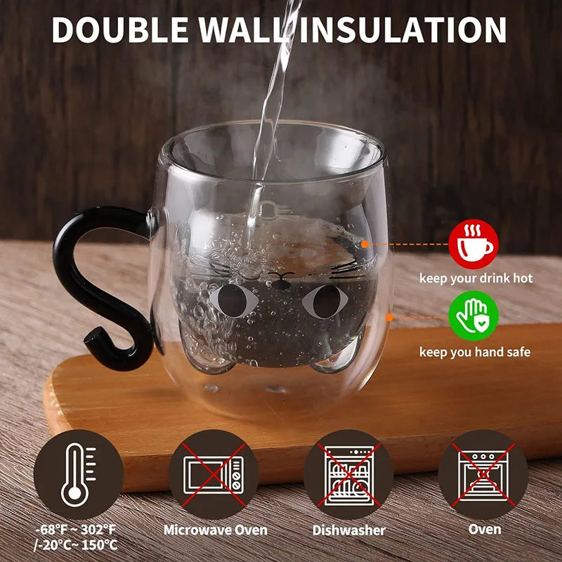 Double Walled Cat Mug – Cute Glass Coffee Cup with Lid | Insulated Tea Cup - ZOOMNSTORE