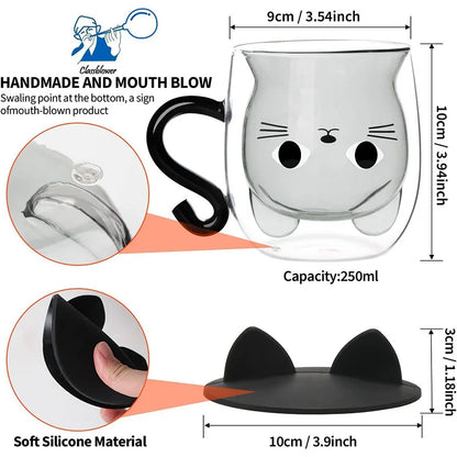 Double Walled Cat Mug – Cute Glass Coffee Cup with Lid | Insulated Tea Cup - ZOOMNSTORE