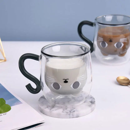 Double Walled Cat Mug – Cute Glass Coffee Cup with Lid | Insulated Tea Cup - ZOOMNSTORE