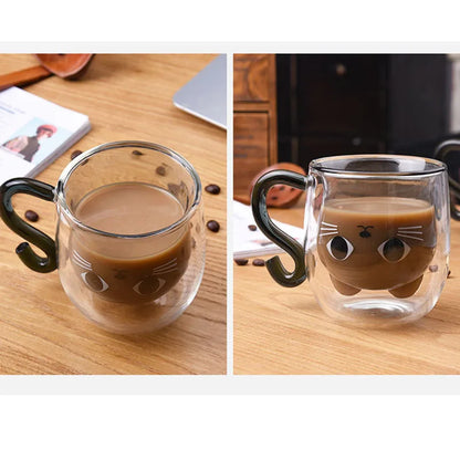 Double Walled Cat Mug – Cute Glass Coffee Cup with Lid | Insulated Tea Cup - ZOOMNSTORE