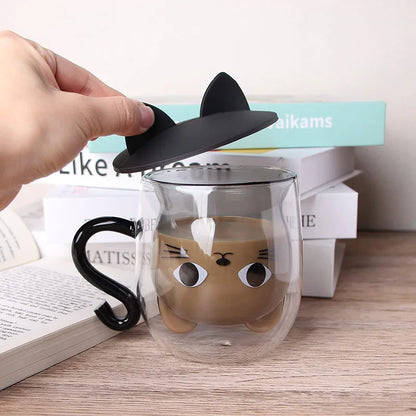 Double Walled Cat Mug – Cute Glass Coffee Cup with Lid | Insulated Tea Cup - ZOOMNSTORE