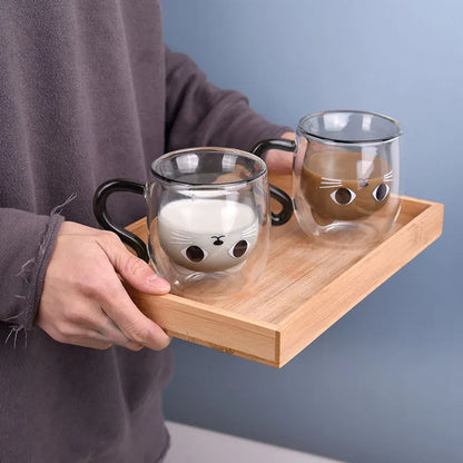 Double Walled Cat Mug – Cute Glass Coffee Cup with Lid | Insulated Tea Cup - ZOOMNSTORE